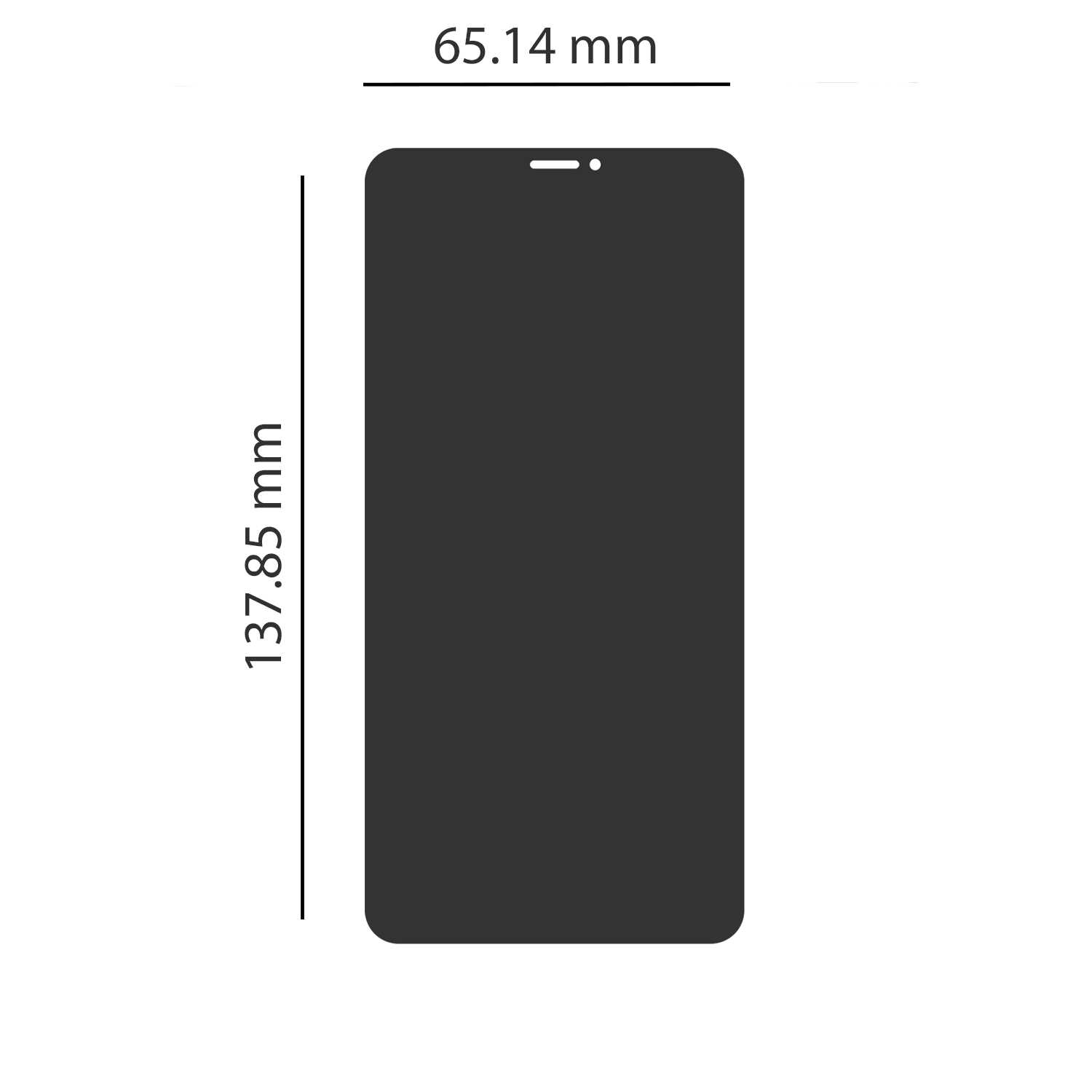 Ciemny smartfon widok z przodu z wymiarami: 65,14 mm szerokości, 137,85 mm wysokości.