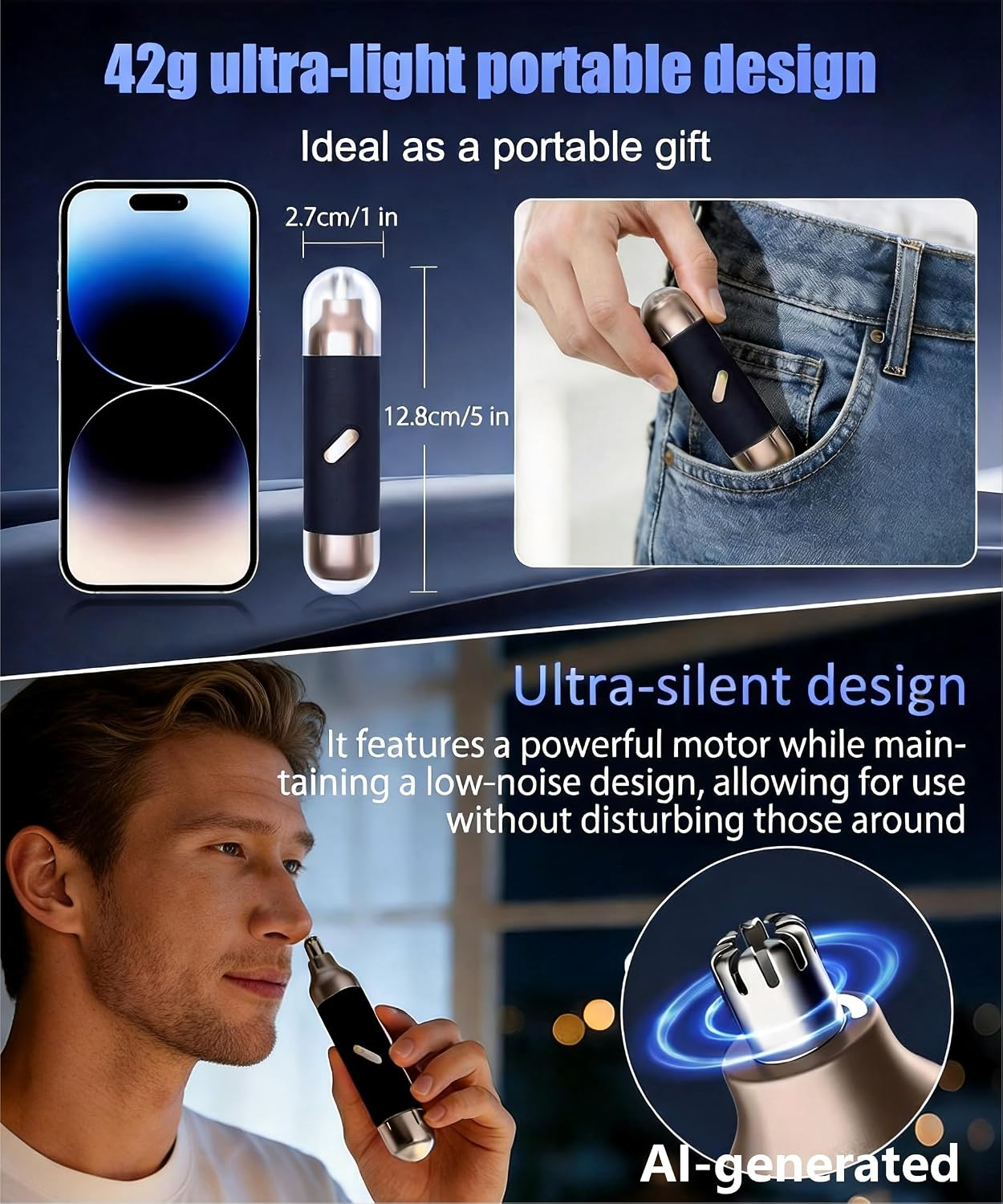 Ein Mann benutzt einen leichten, tragbaren Nasenhaartrimmer, der neben einem Smartphone und in einer Hosentasche gezeigt wird.