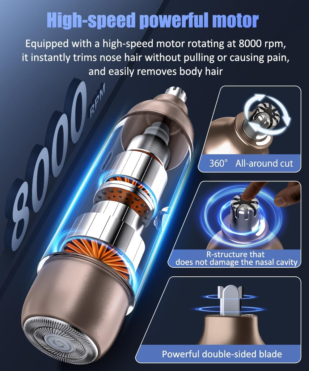 Nasenhaartrimmer mit 8000 U/min Motor, 360° Schnitt, R-Struktur, doppelseitige Klinge.