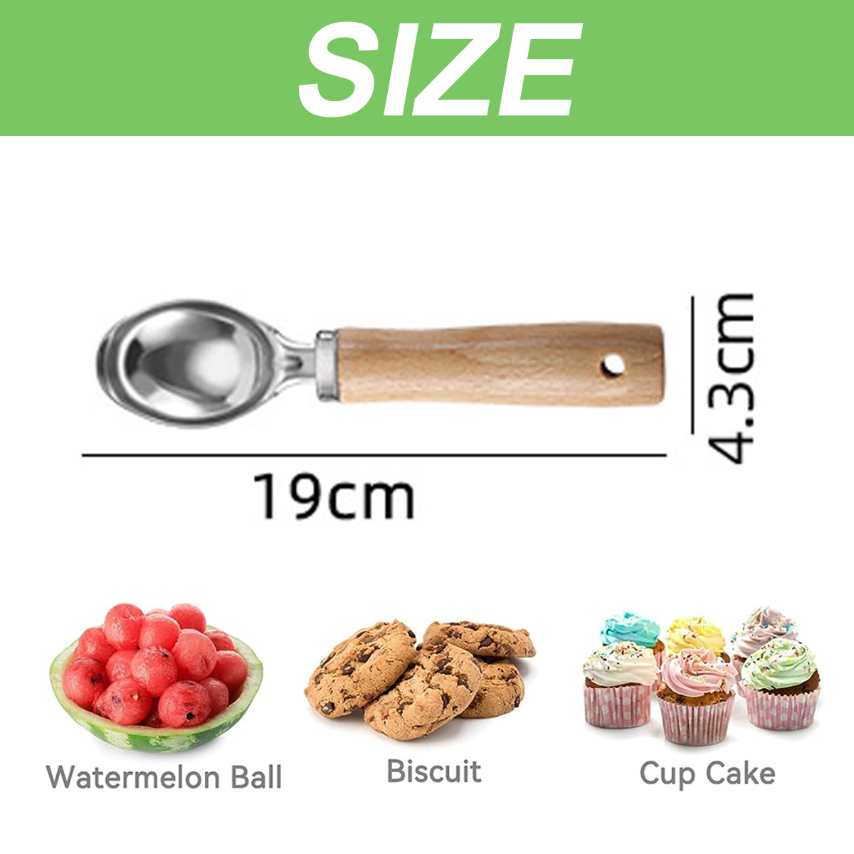 Eisportionierer mit Holzgriff, daneben Wassermelonenbällchen, Kekse und Cupcakes.