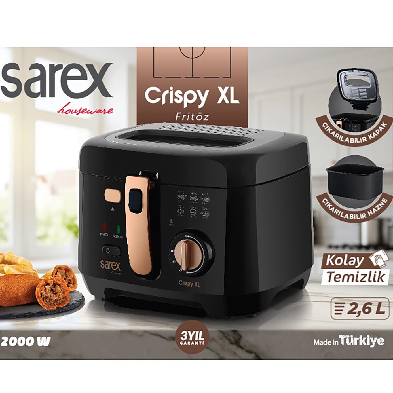 Altın aksanlı siyah Sarex Crispy XL fritöz, 2,6 L, 2000 W.