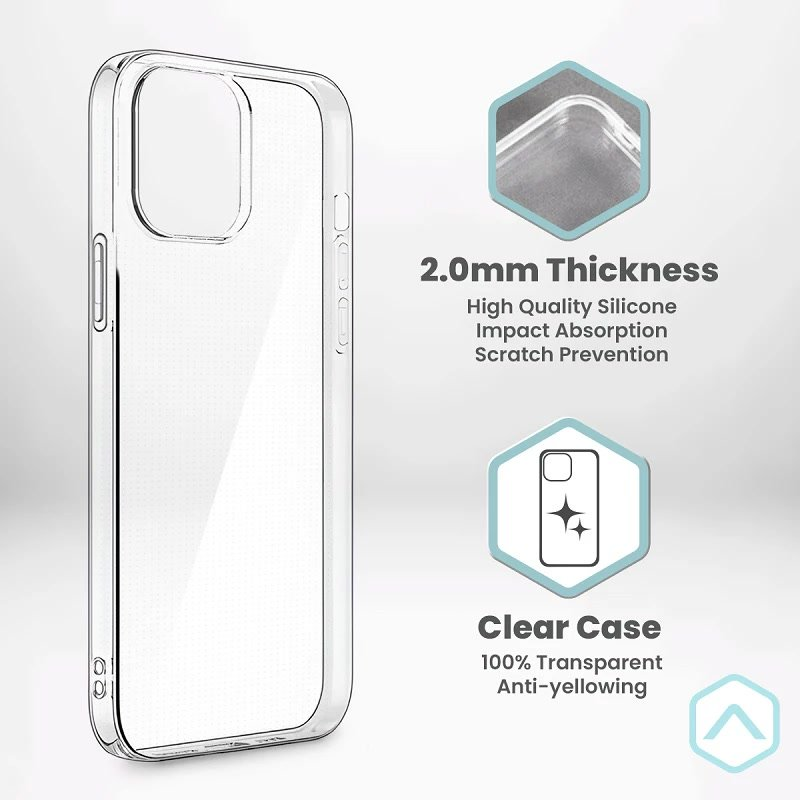 Funda transparente, 2,0 mm de grosor, silicona, absorción de impactos.