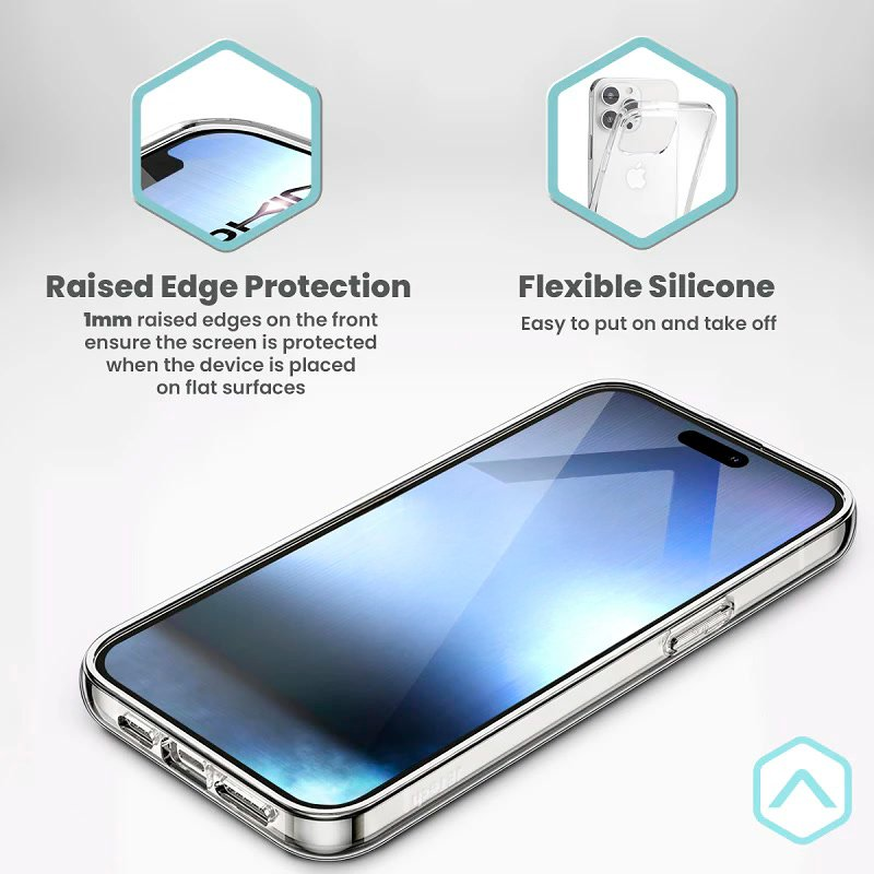 Una funda de teléfono transparente sobre un teléfono, resaltando bordes elevados y flexibilidad.