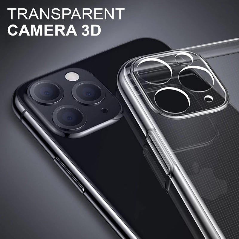 Funda transparente con área de cámara 3D en un teléfono negro.