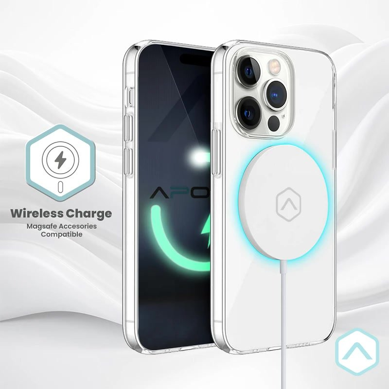 Funda de teléfono transparente con cargador MagSafe. Icono de carga inalámbrica.