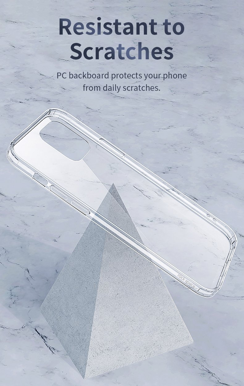 Funda de teléfono transparente sobre superficie de mármol gris, enfatizando resistencia a arañazos.