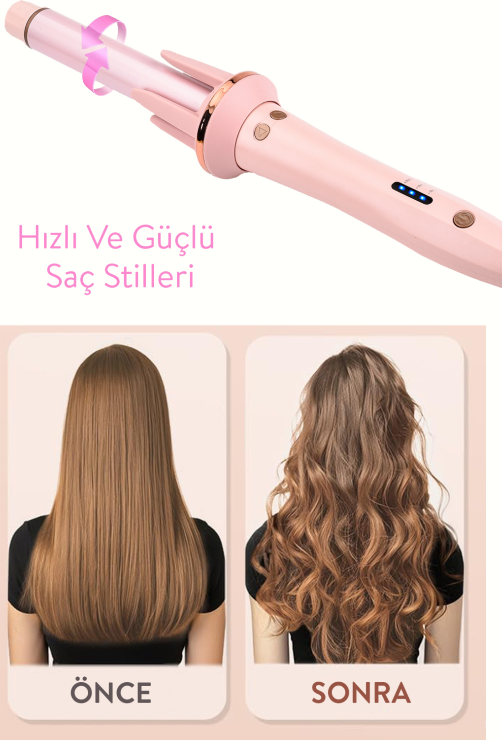 Dönen silindirli pembe saç şekillendirici ve saçın öncesi-sonrası görüntüsü.