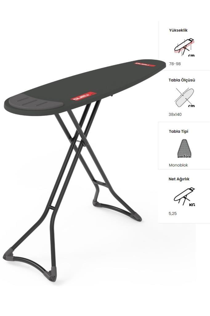 Siyah metal ayaklı koyu gri ütü masası, yükseklik 78-98 cm.