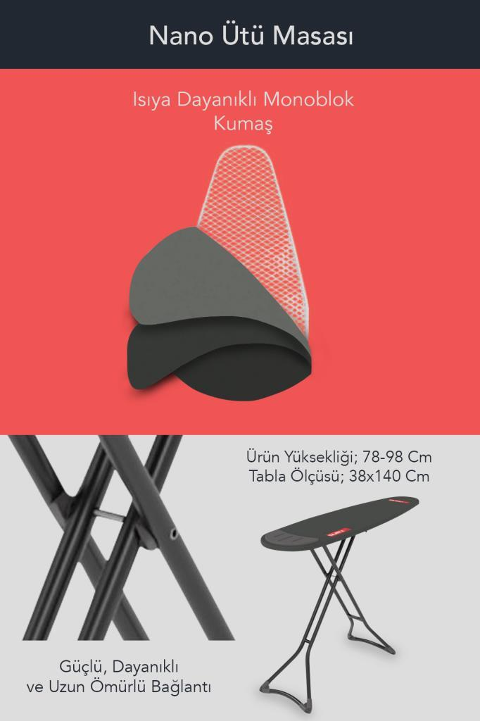 Isıya dayanıklı kumaşlı ve sağlam iskeletli ütü masası. Ölçüler verilmiştir.