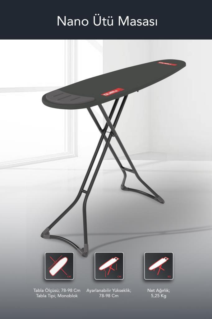 Siyah metal ayaklı koyu renkli ütü masası odada duruyor.