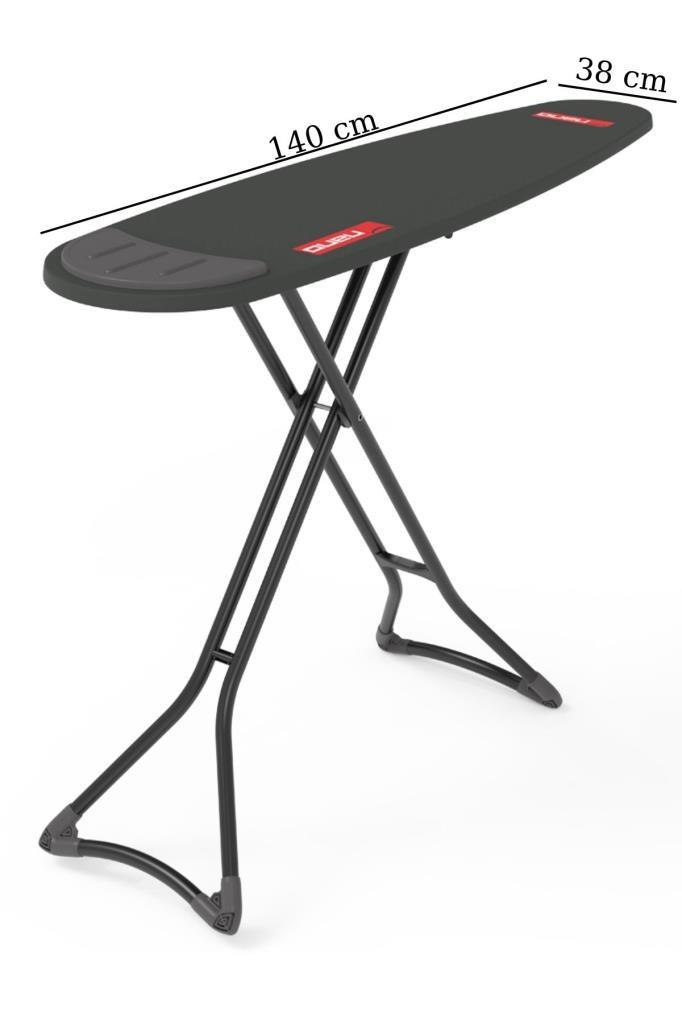 Koyu gri &uuml;t&uuml;, 140cm uzunlukta ve 38cm genişliğ;inde, siyah metal ayaklı.