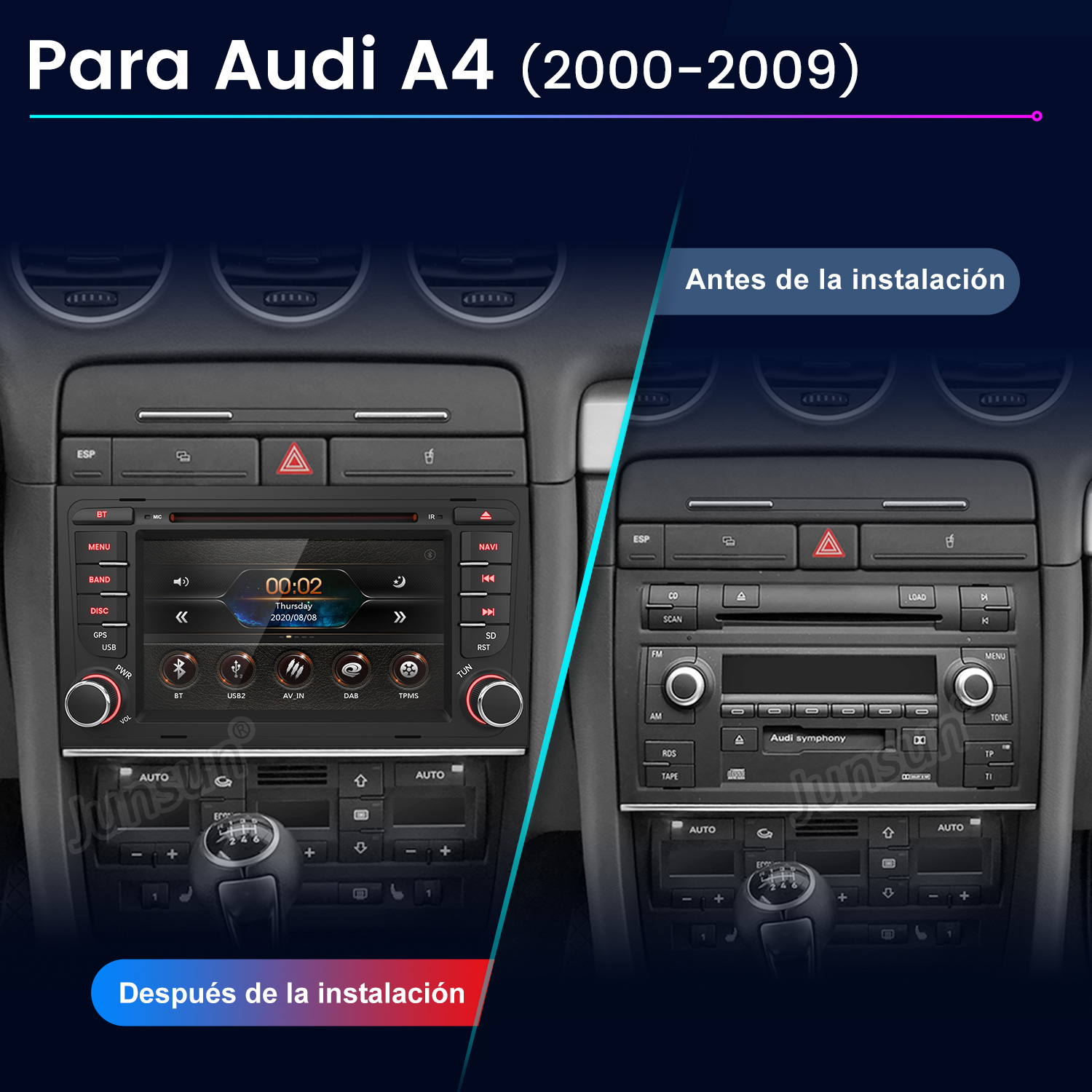 Comparación del salpicadero de un Audi A4 antes y después de instalar una radio.
