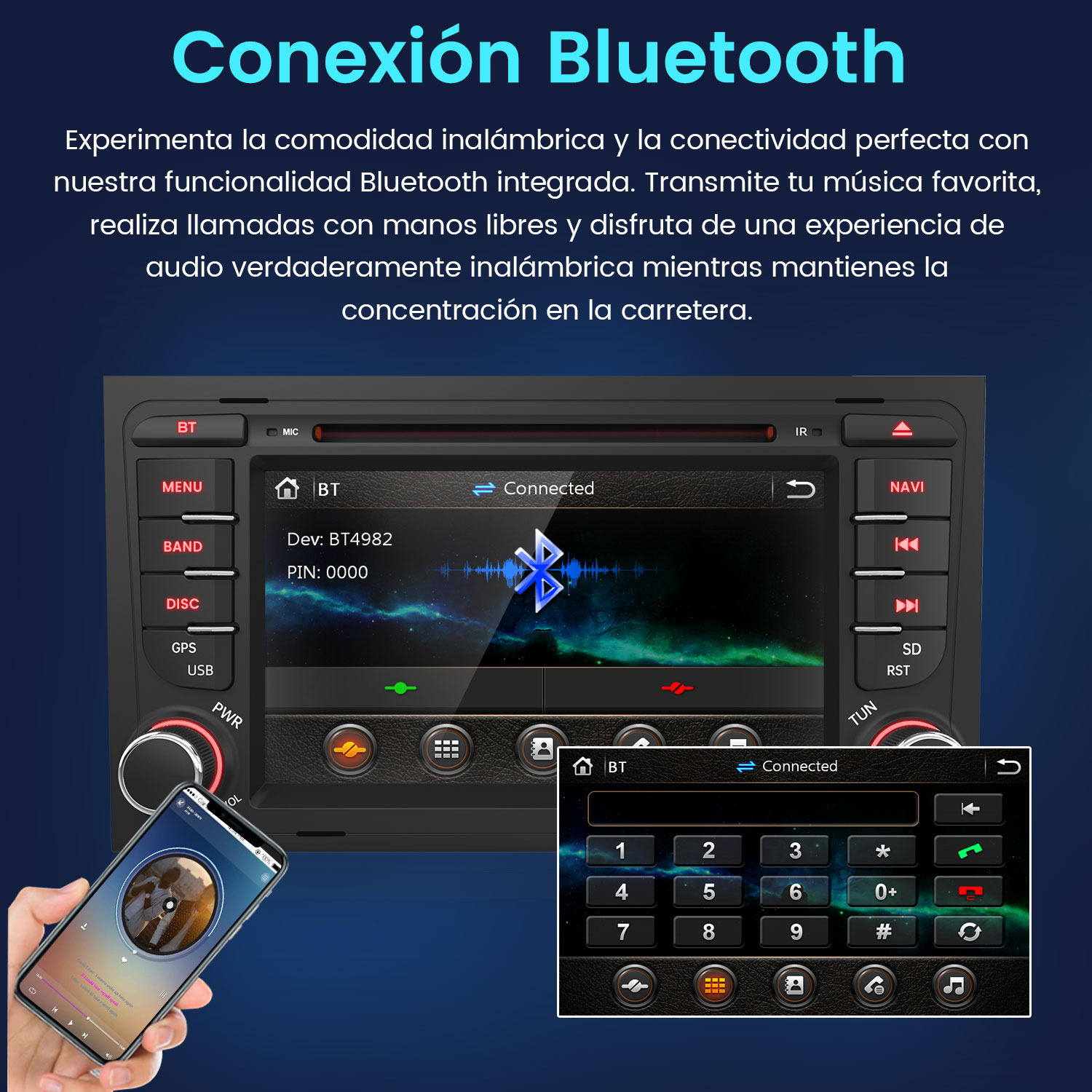 Un sistema de infoentretenimiento de coche muestra una conexión Bluetooth con un teléfono enlazado.