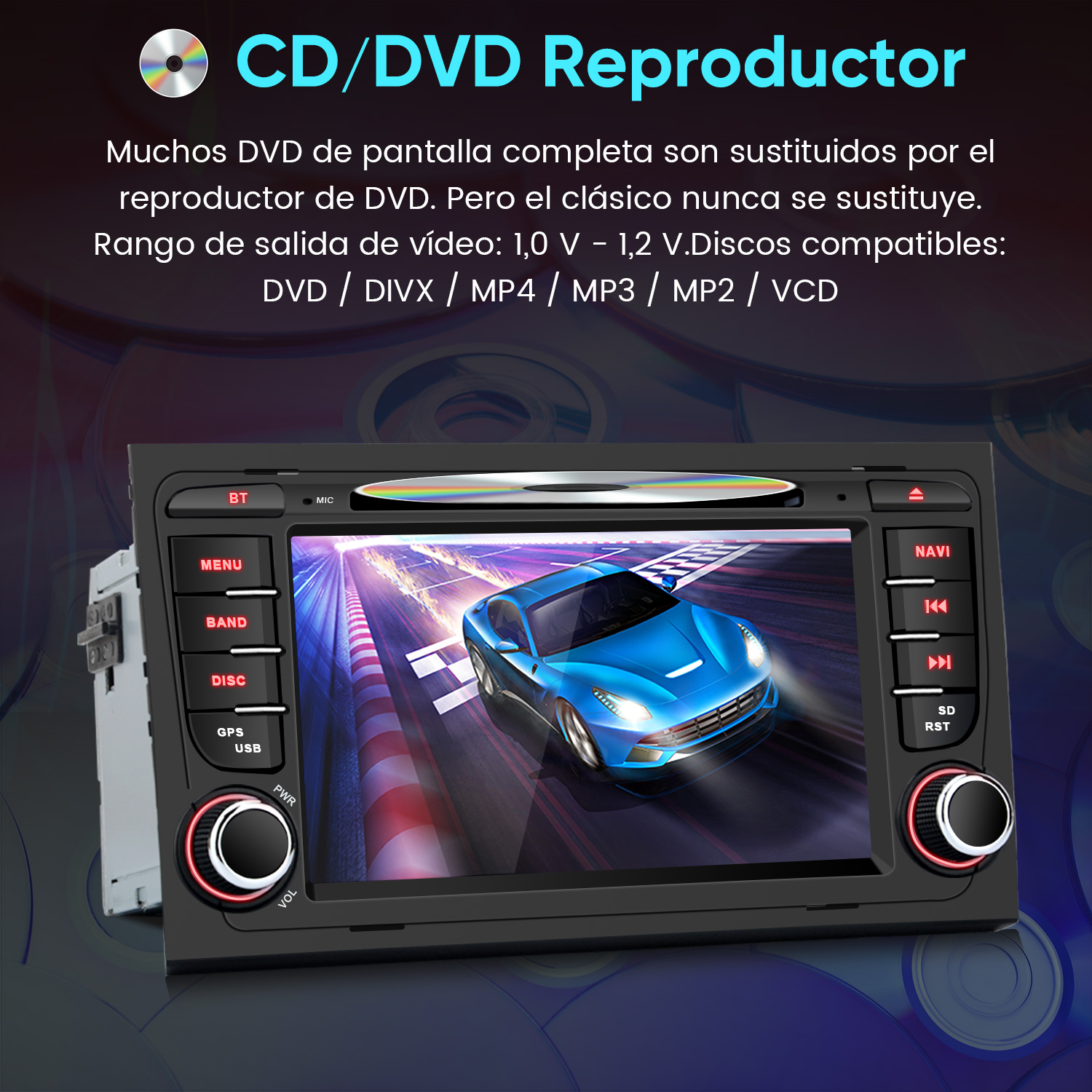 Un estéreo de coche con ranura CD/DVD que muestra un coche azul en una pista.