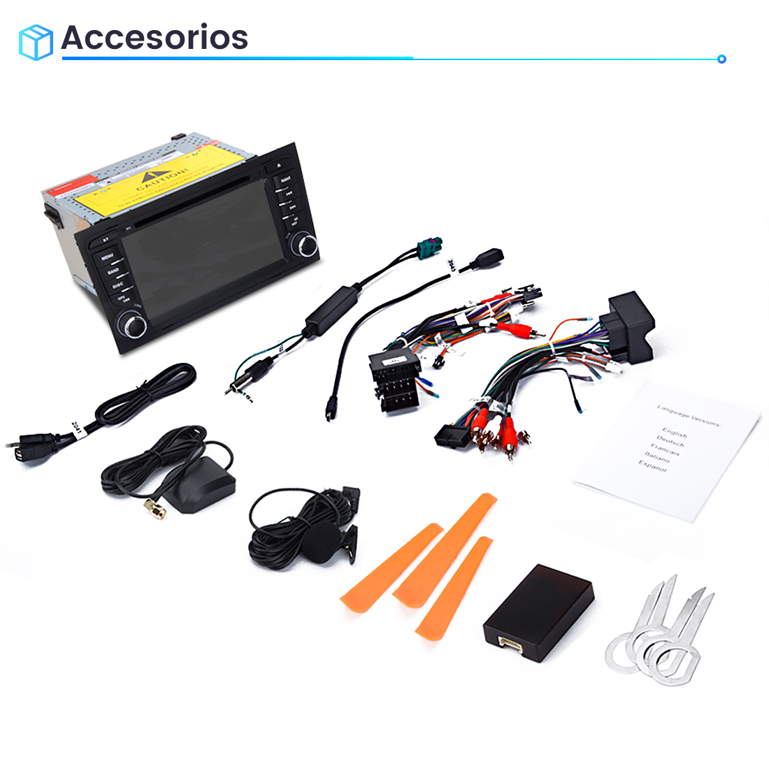 Unidad de radio de coche con arnés de cableado, antena GPS, cables y herramientas.