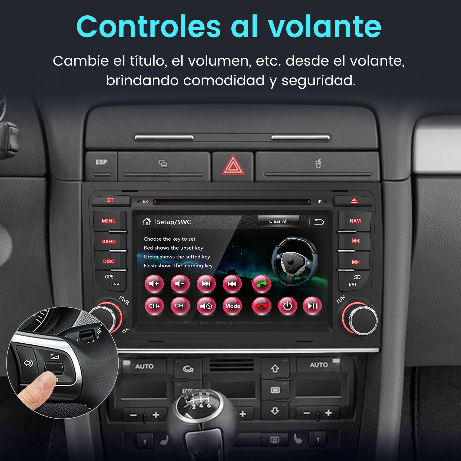 Un dedo presiona un botón en el volante de un coche frente a una pantalla de infoentretenimiento.