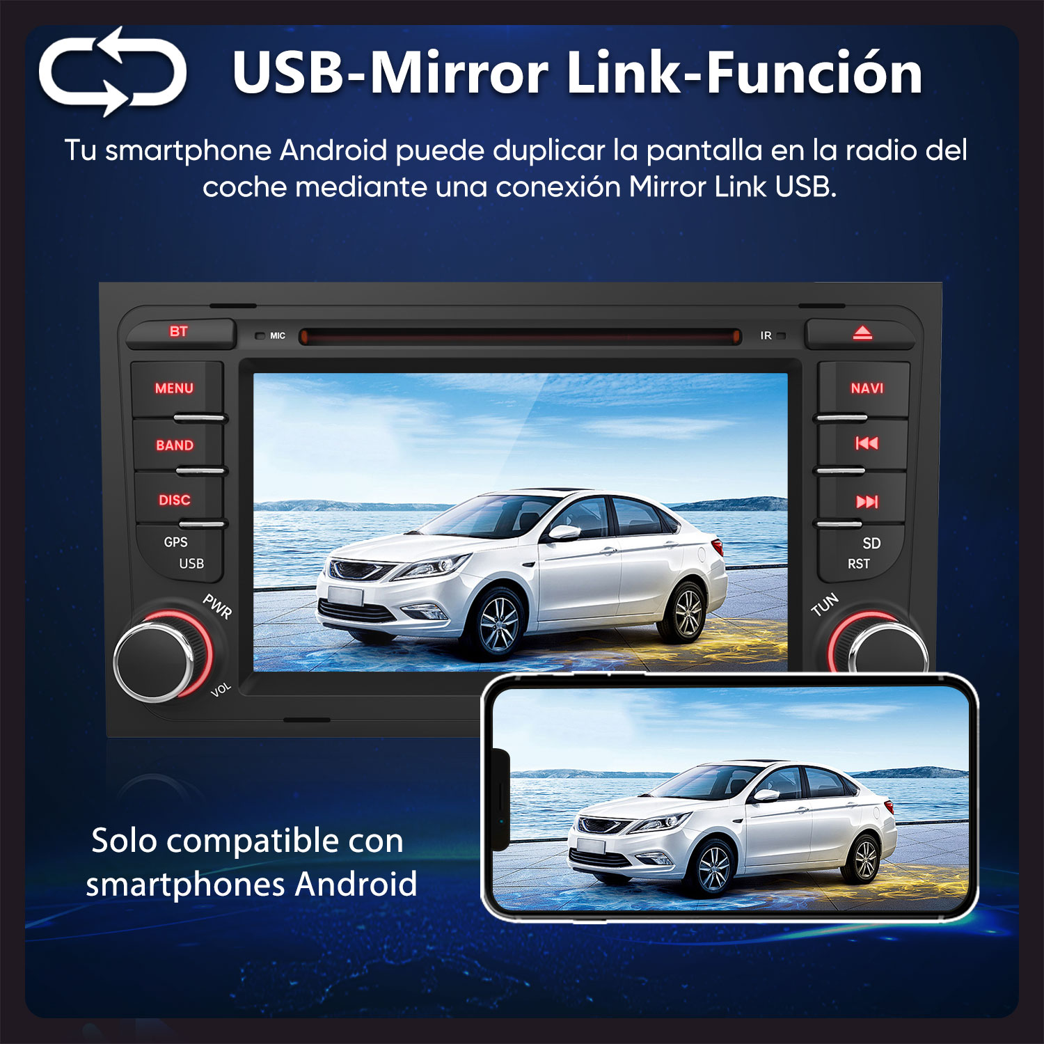 Radio de coche con pantalla de smartphone que muestra imagen de coche blanco.