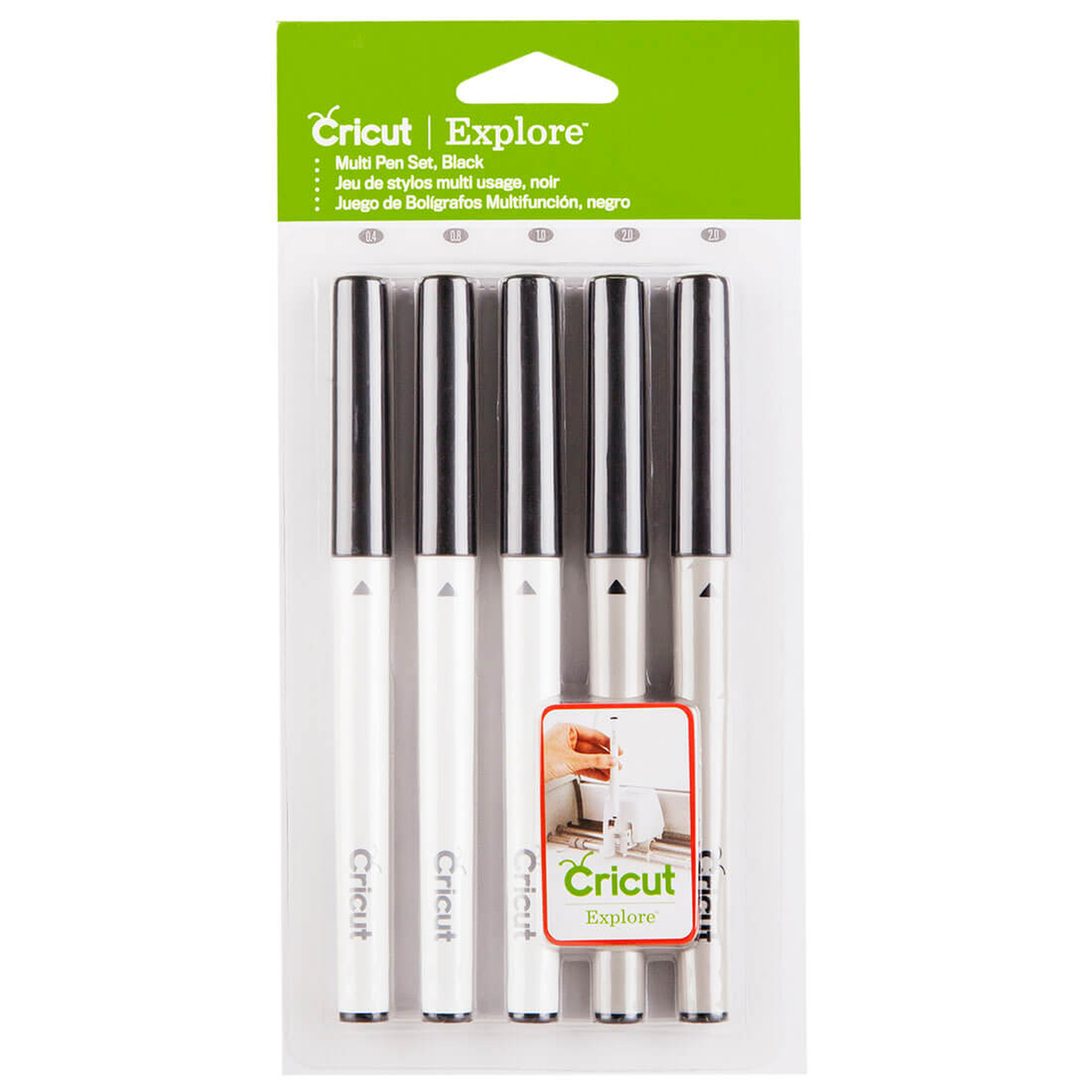 Verpackung mit fünf schwarzen Cricut-Stiften mit weißem Gehäuse und silbernen Kappen.