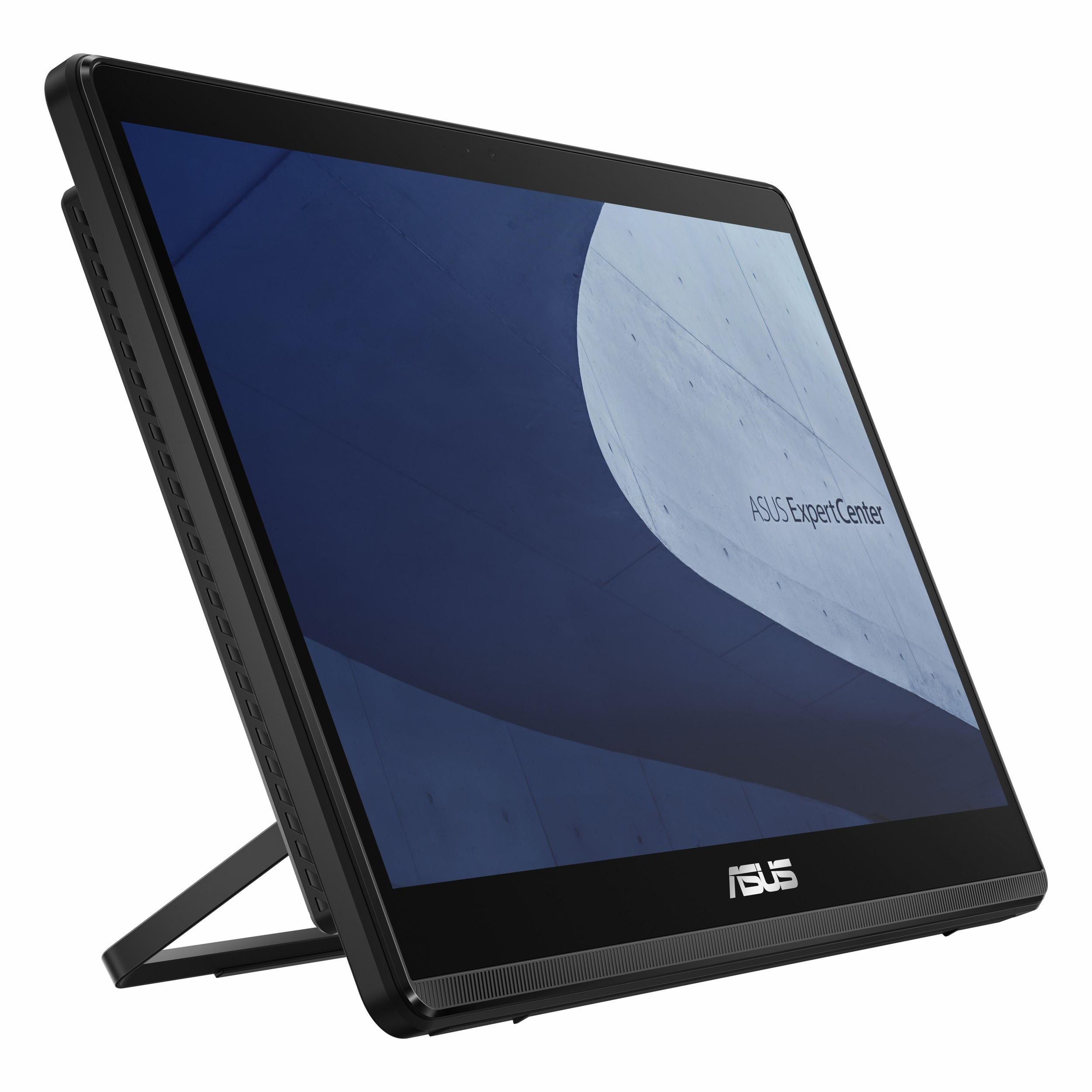 Standlı siyah ASUS bilgisayar ve ekranda mavi arka plan.