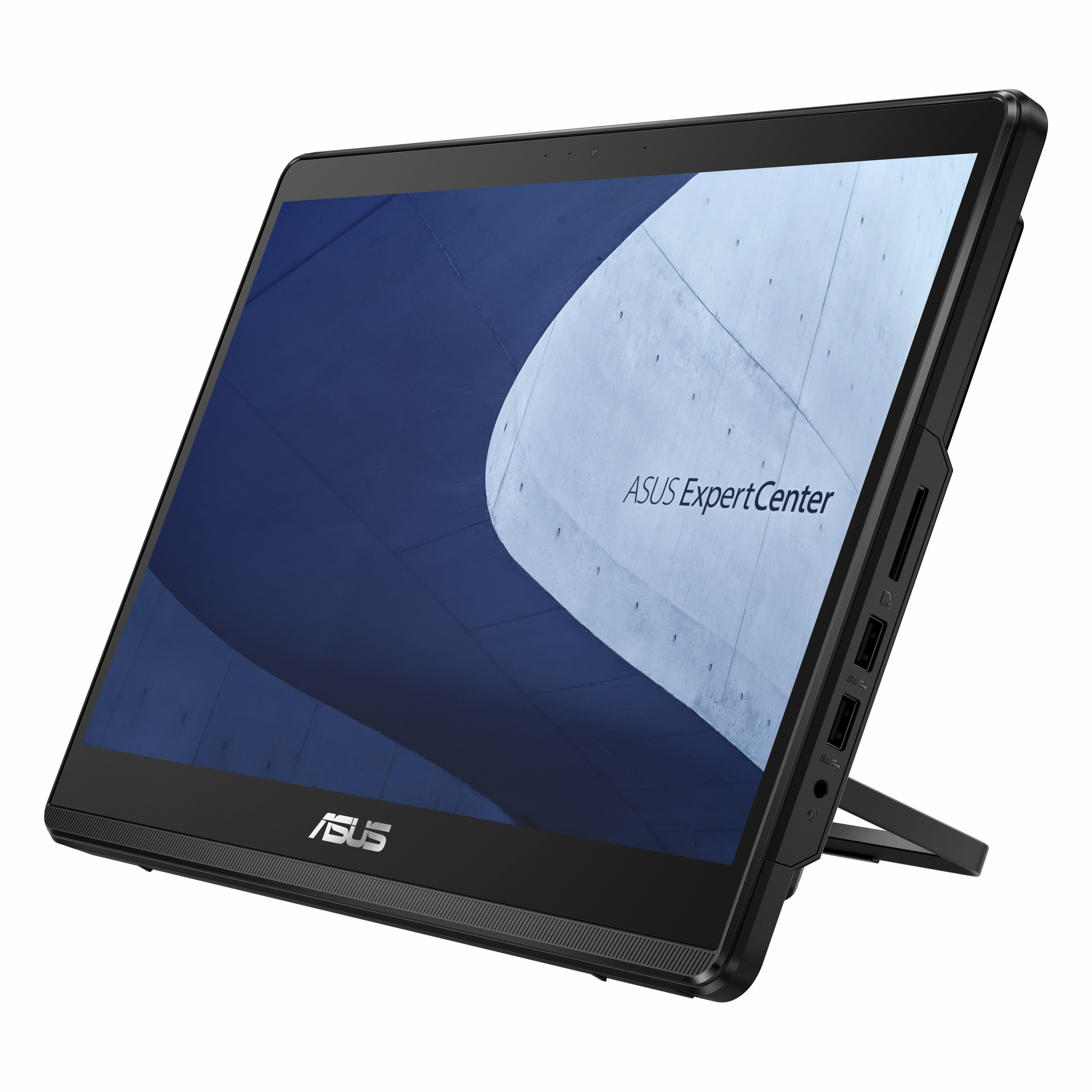 Beyaz arka plan üzerinde standlı siyah ASUS ExpertCenter hepsi bir arada bilgisayar.
