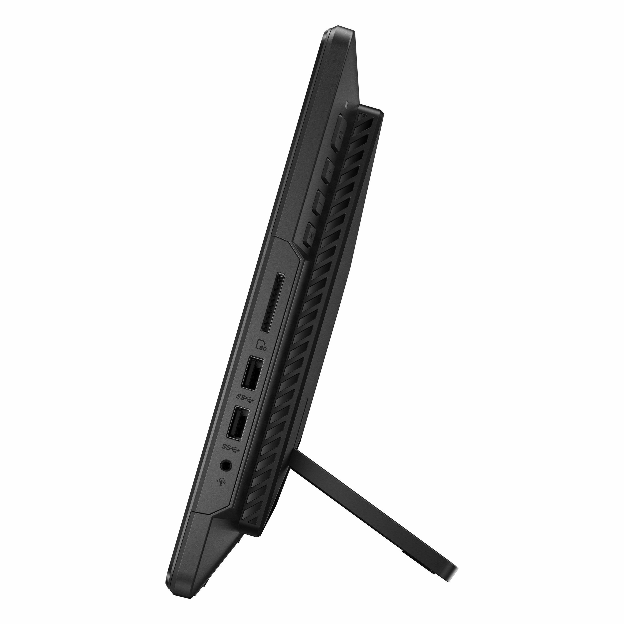 SD kart okuyucu, iki USB bağlantı noktası ve stantlı siyah dizüstü profil.