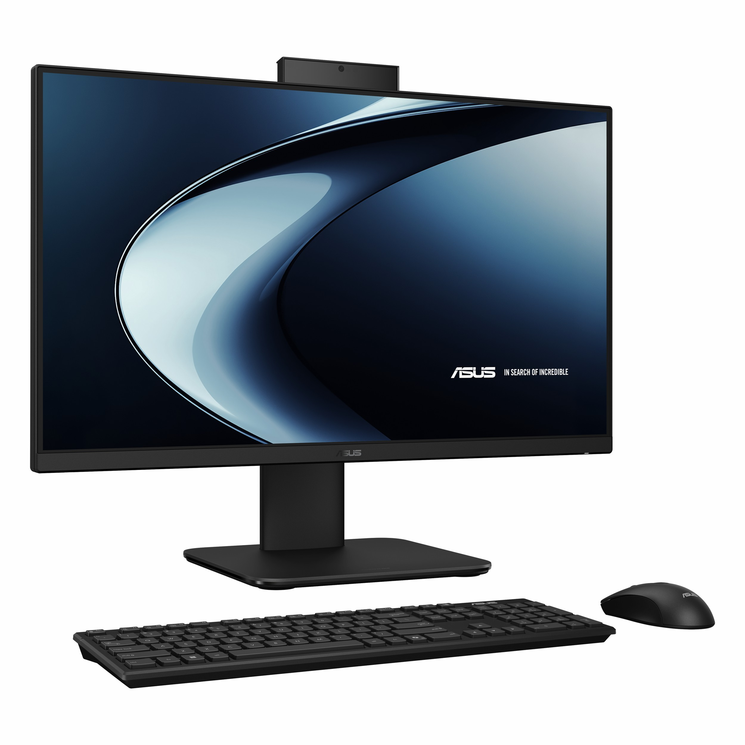 Beyaz arka plan üzerinde klavyeli ve faresi olan siyah Asus hepsi-bir-arada bilgisayar.