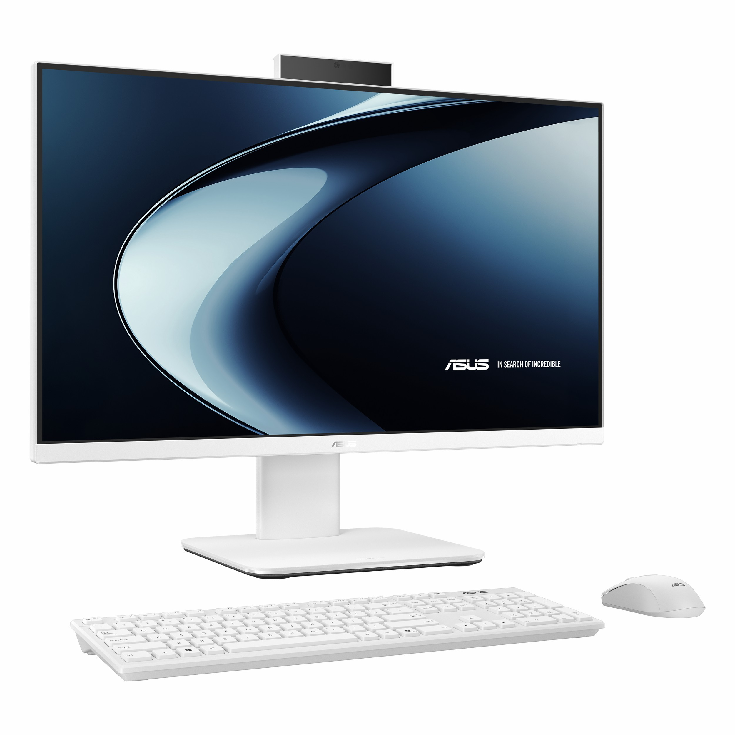 Beyaz arka plan üzerinde klavye ve fare bulunan beyaz Asus hepsi bir arada bilgisayar.