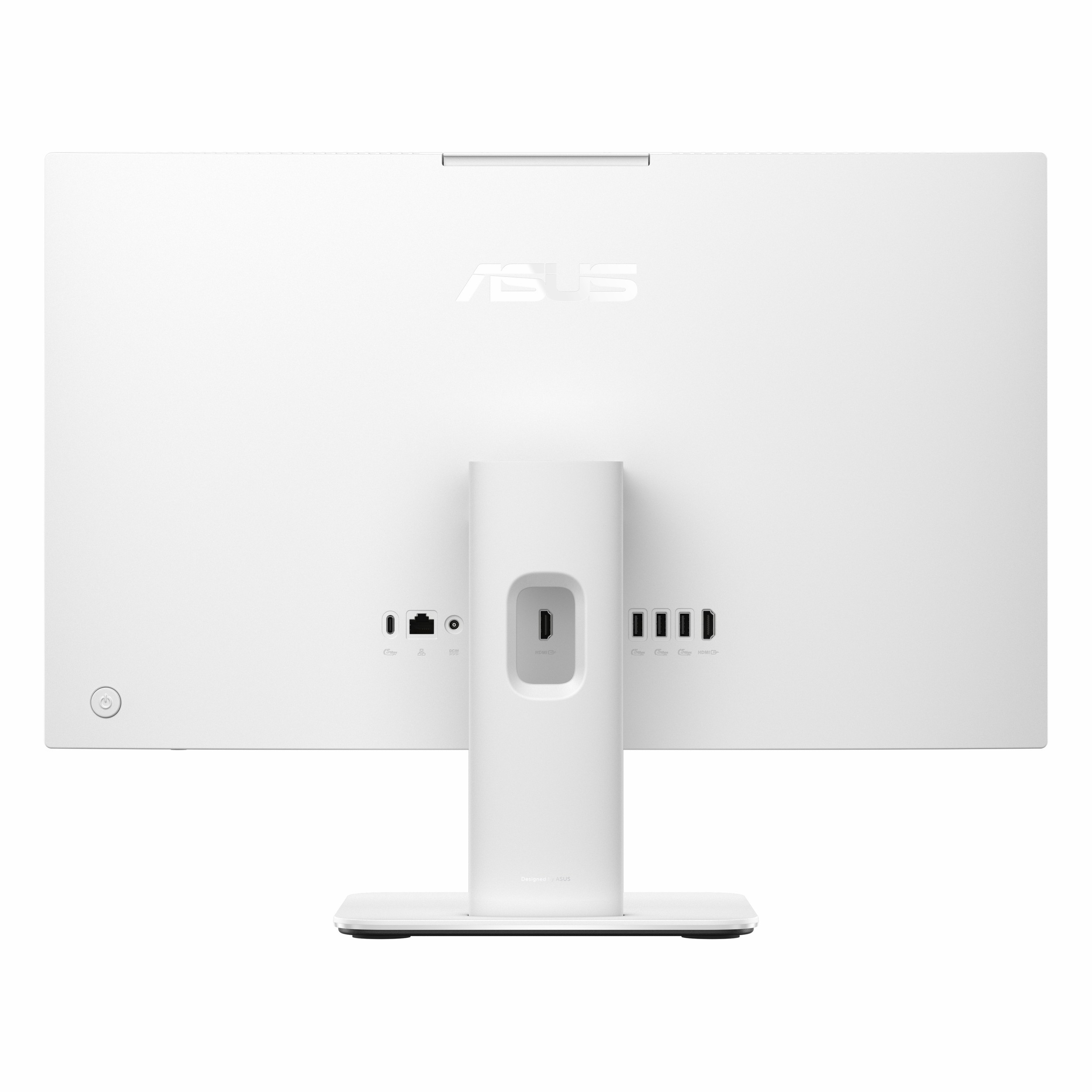 Portlar ve güç düğmesi görünen beyaz Asus hepsi bir arada bilgisayarın arka görünümü.