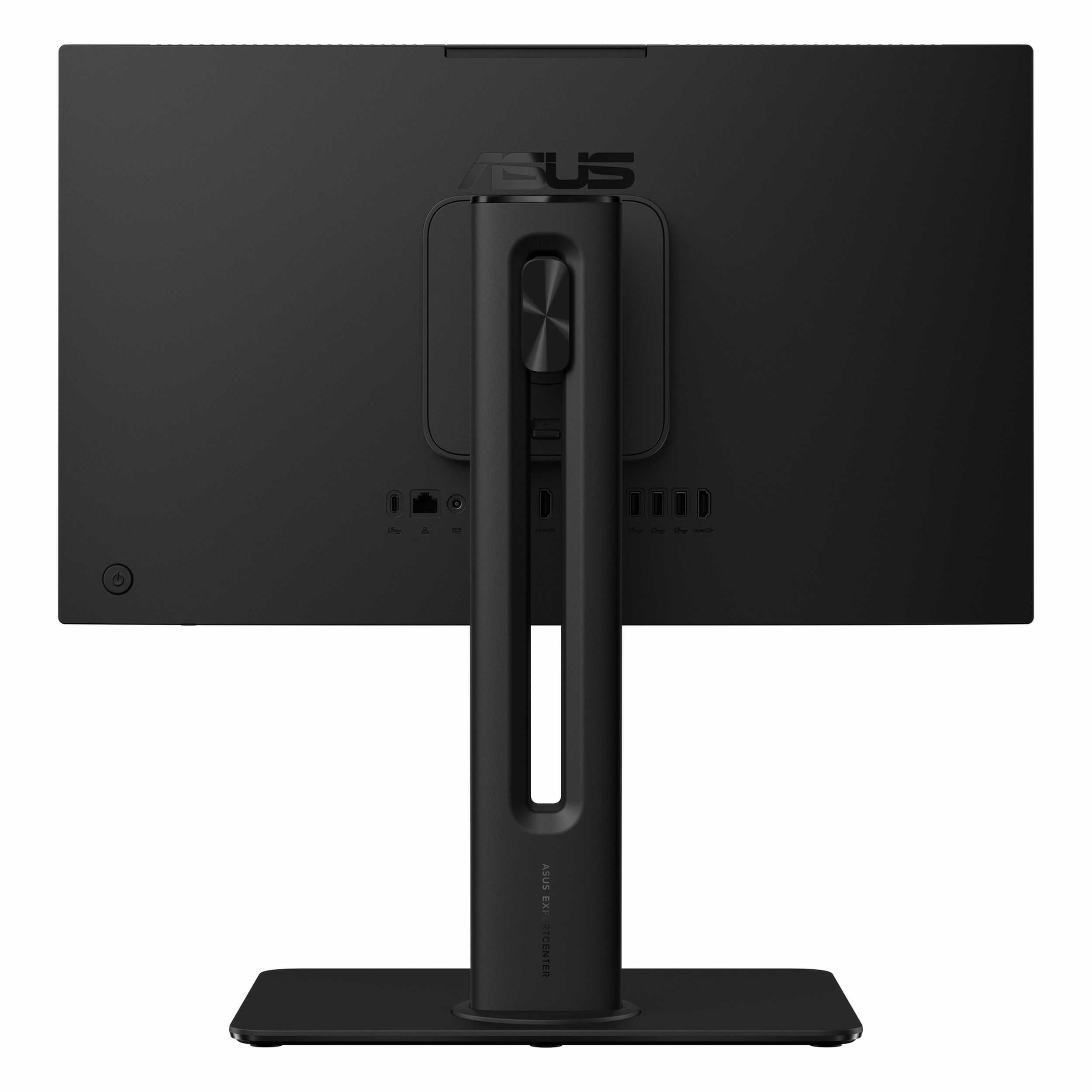 Bağlantı noktaları ve ASUS logosu olan siyah monitörün arkası.