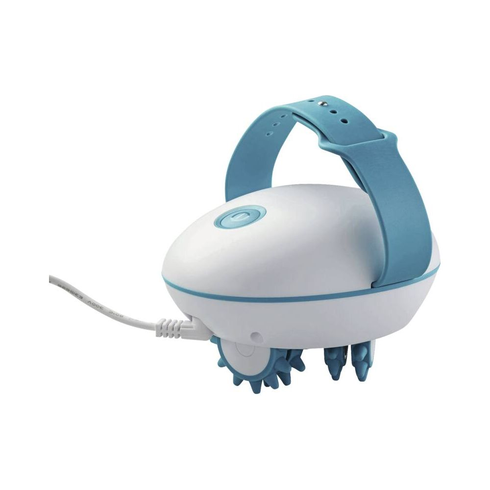 Ein weißer und blauer Massagekamm mit einem Griff und einem Kabel.
