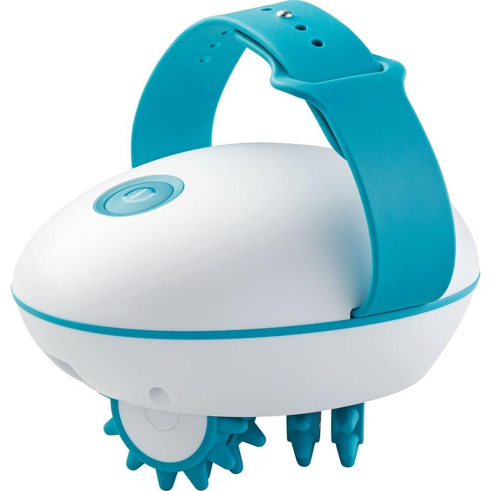 Ein weißer, eiförmiger Roboter mit blauem Griff und Bürsten.