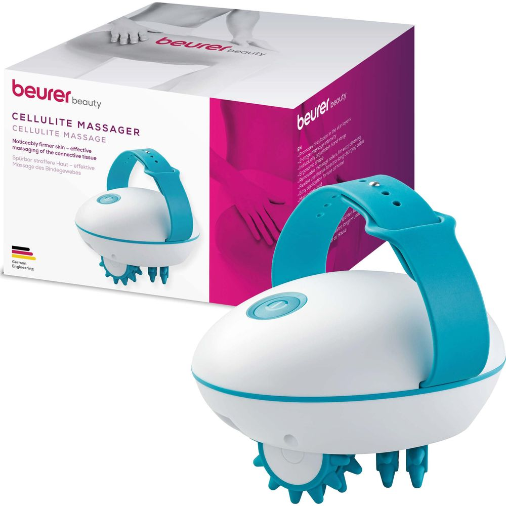 Ein weißer und blauer Beurer Cellulite-Massager mit Rollen und Handgriff.