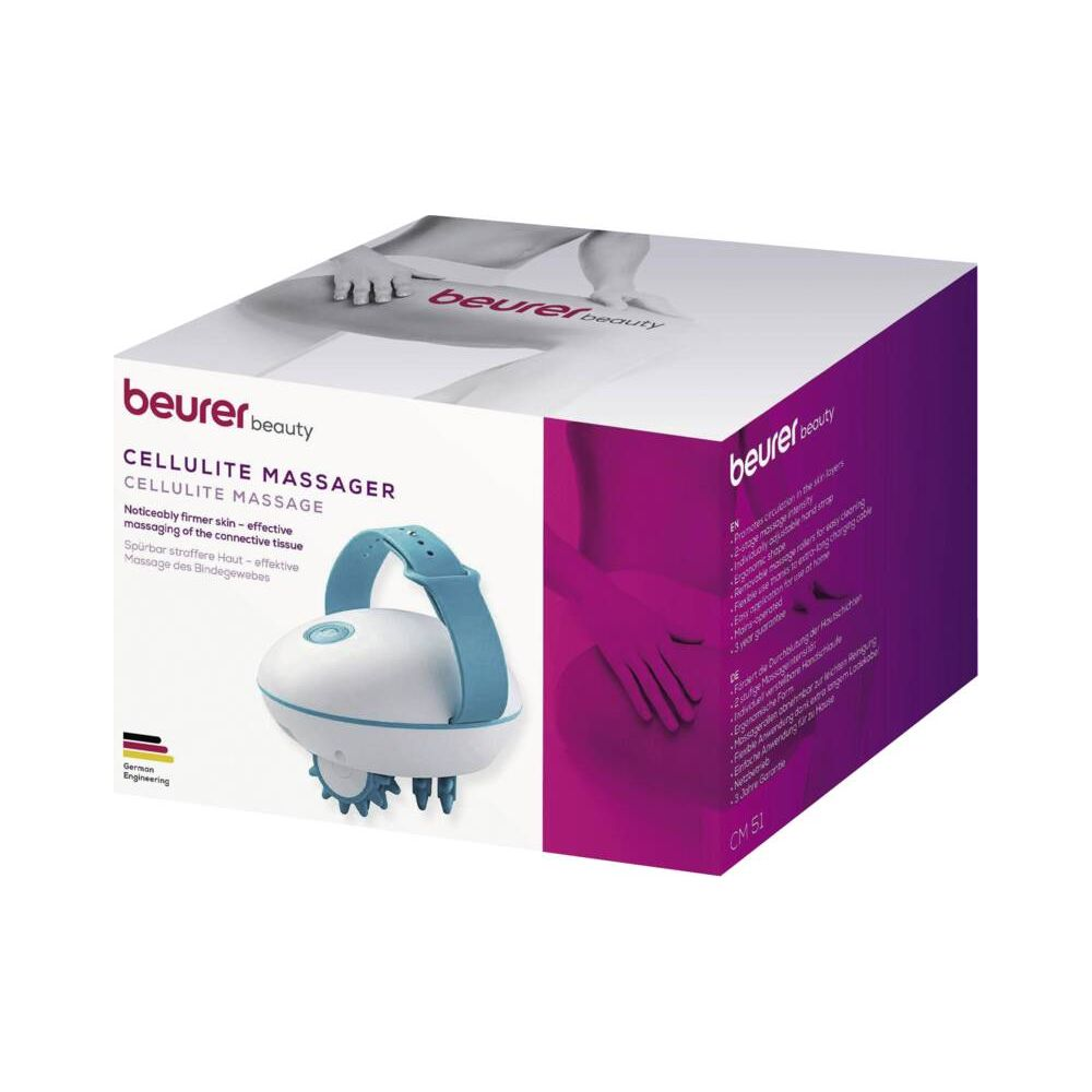 Beurer Beauty Cellulite Massager Box mit Gerät und Produktdetails auf Englisch und Deutsch.