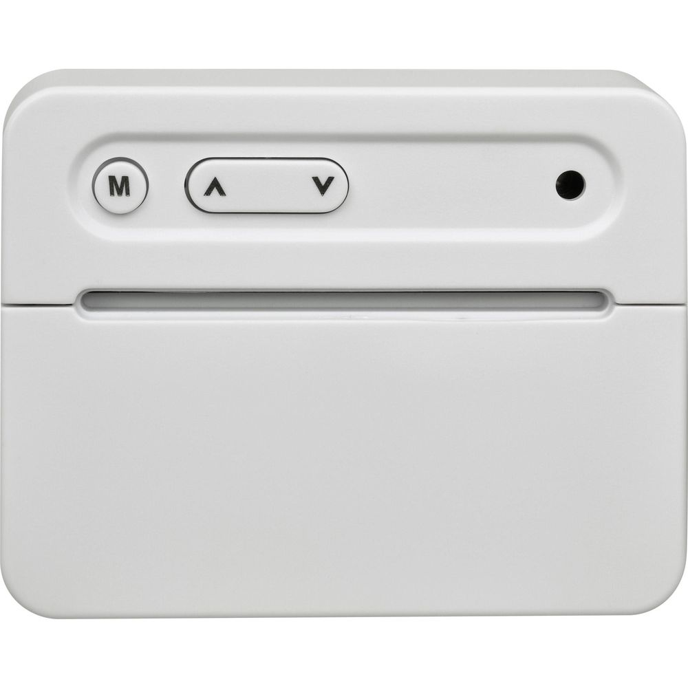 Un dispositivo bianco con pulsanti 'M', freccia su e freccia giù.