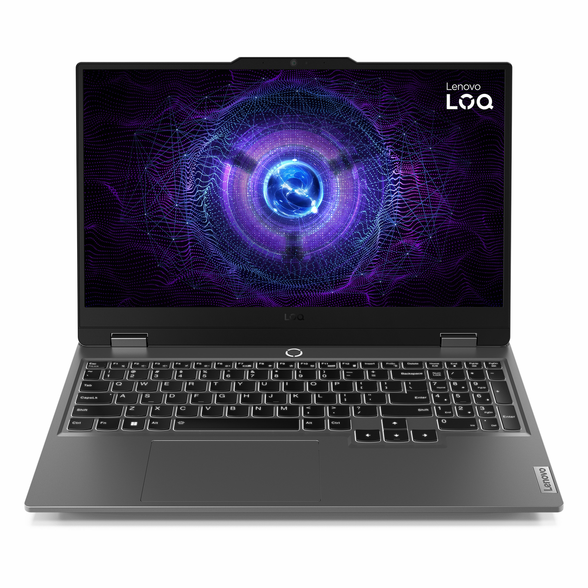 Ekranında soyut mor desen ve aydınlatmalı klavyeye sahip gri Lenovo dizüstü bilgisayar.