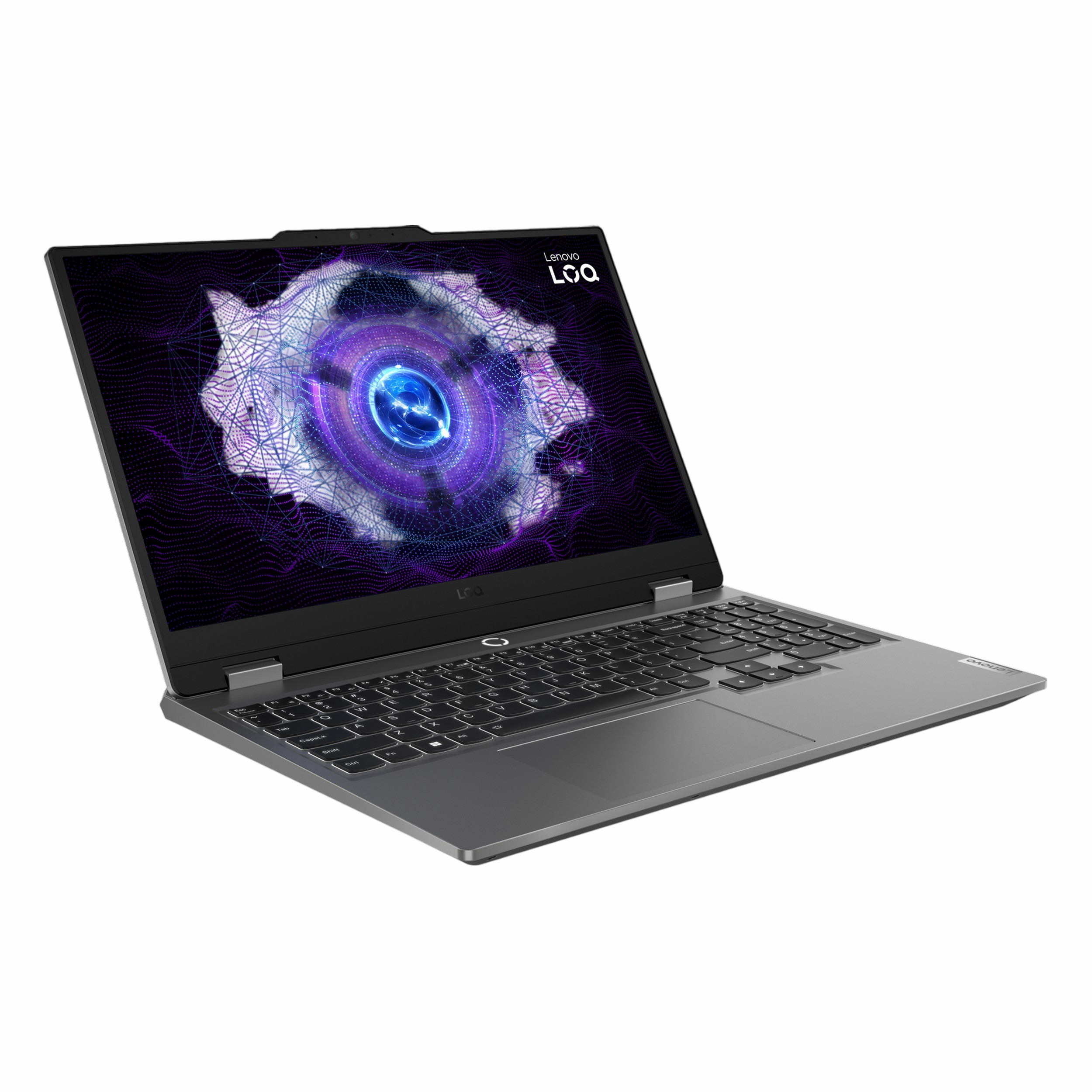Ekranında soyut mavi ve mor desen gösteren açık gri bir Lenovo LOQ dizüstü bilgisayar.