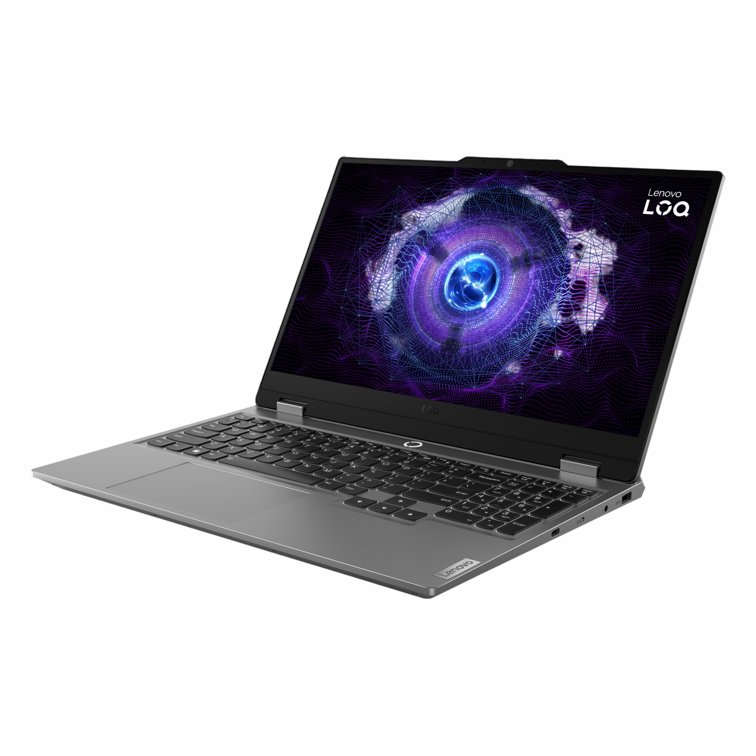 Parlak mor-mavi ekran arka planına sahip gri Lenovo LOQ dizüstü bilgisayar.