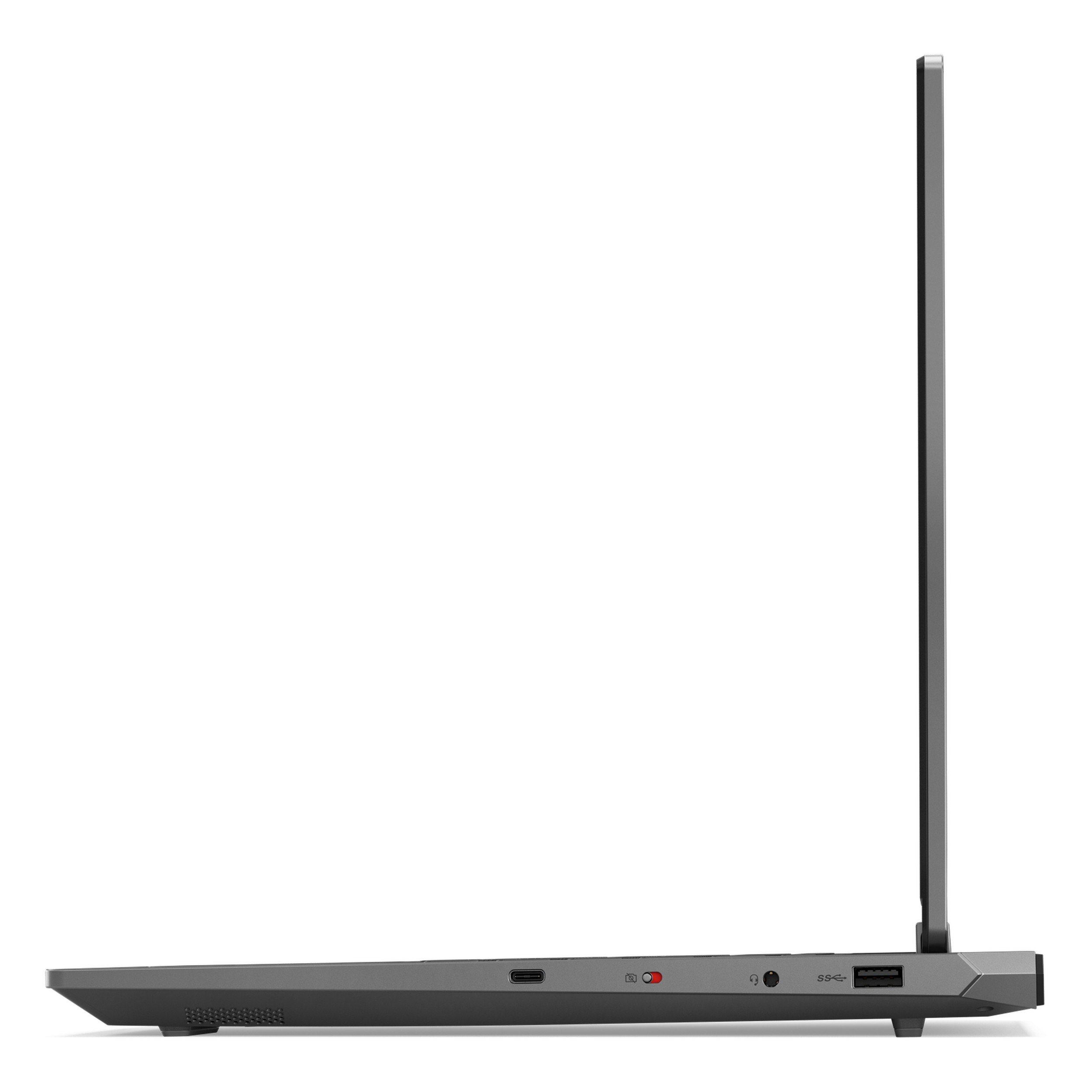 USB-C, ses ve USB-A bağlantı noktalarını gösteren gri bir dizüstünün yan görünümü.