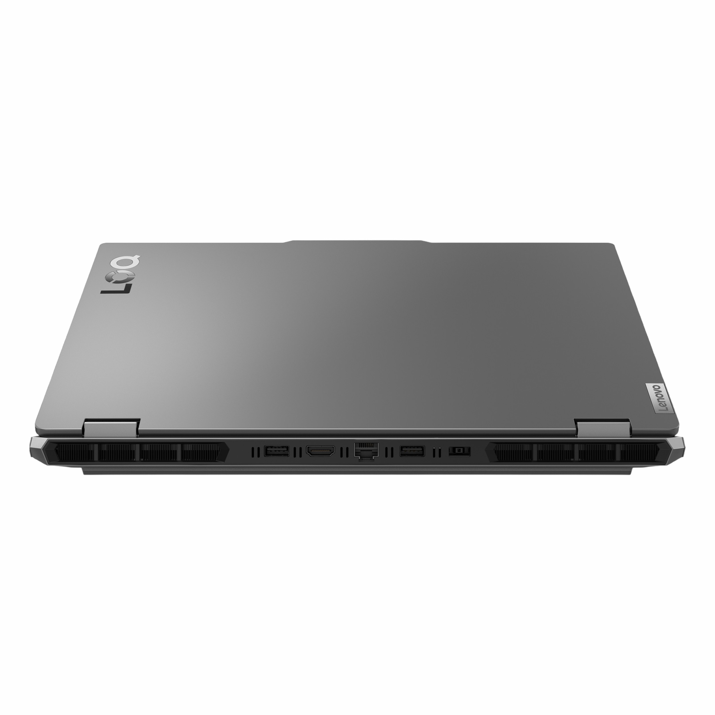 Yanlarda havalandırma delikleri ve bağlantı noktaları olan gri dizüstü bilgisayar.