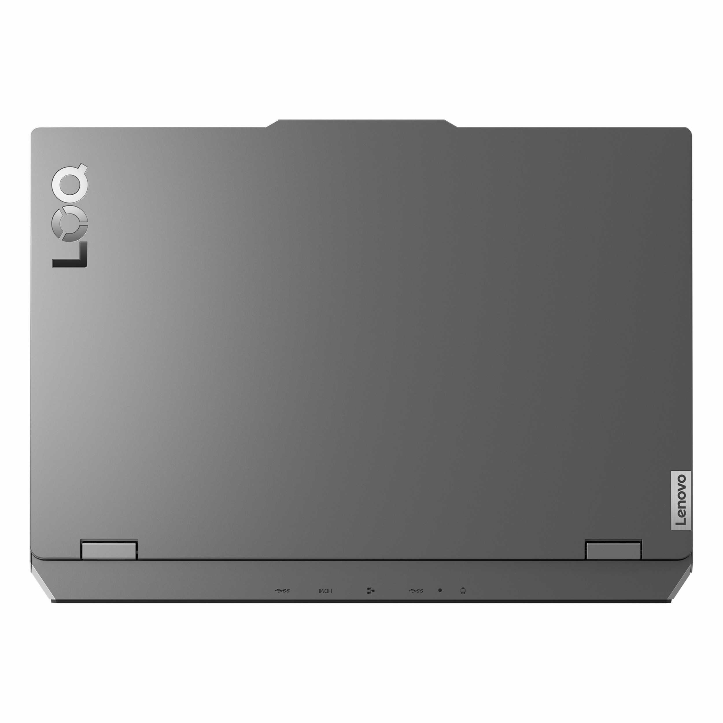 Gri "LOQ" ve "Lenovo" logolu dizüstü bilgisayar. Bağlantı noktaları görünür.