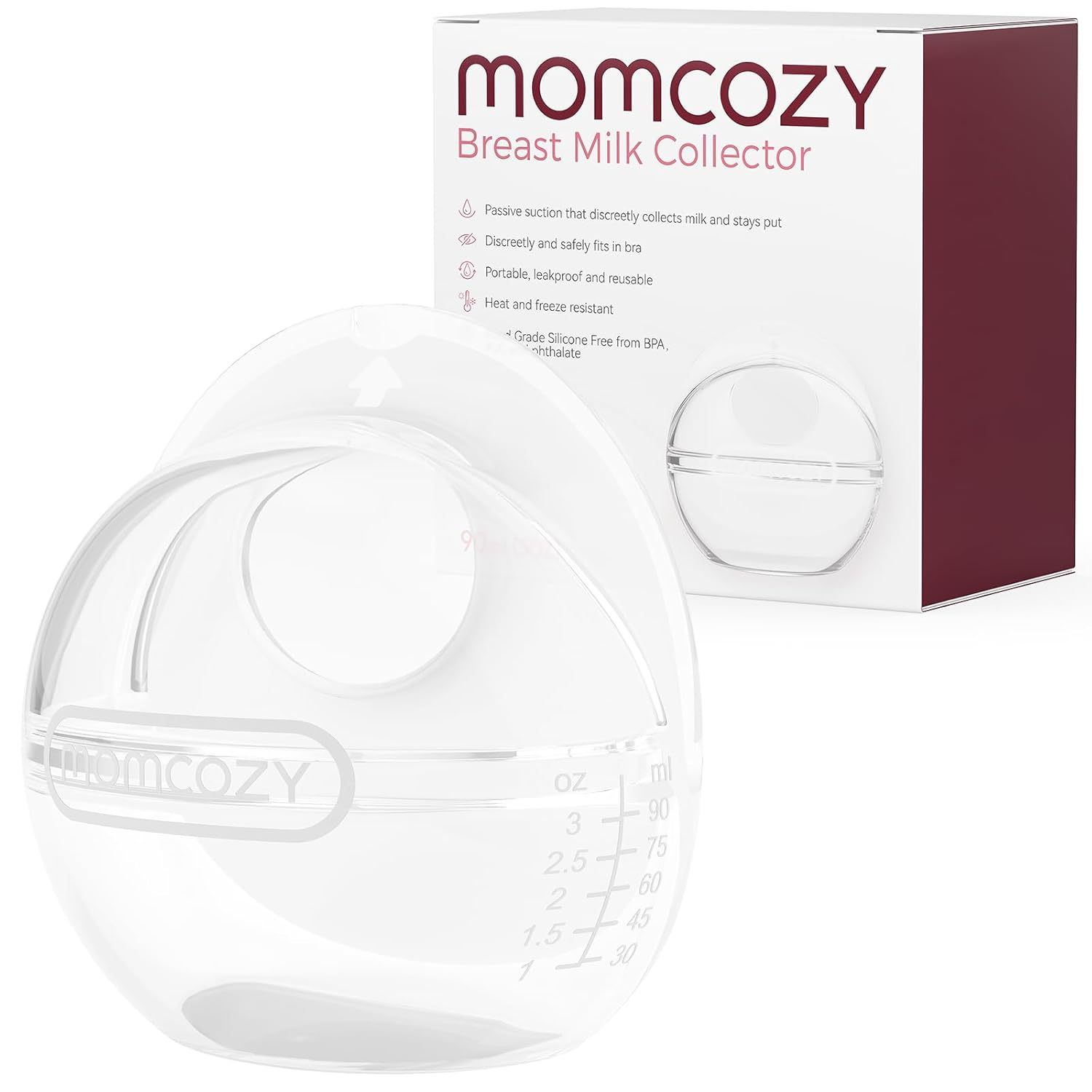 Przezroczysty pojemnik na mleko matki ze skalą pomiarową i logo 'MOMCOZY'.