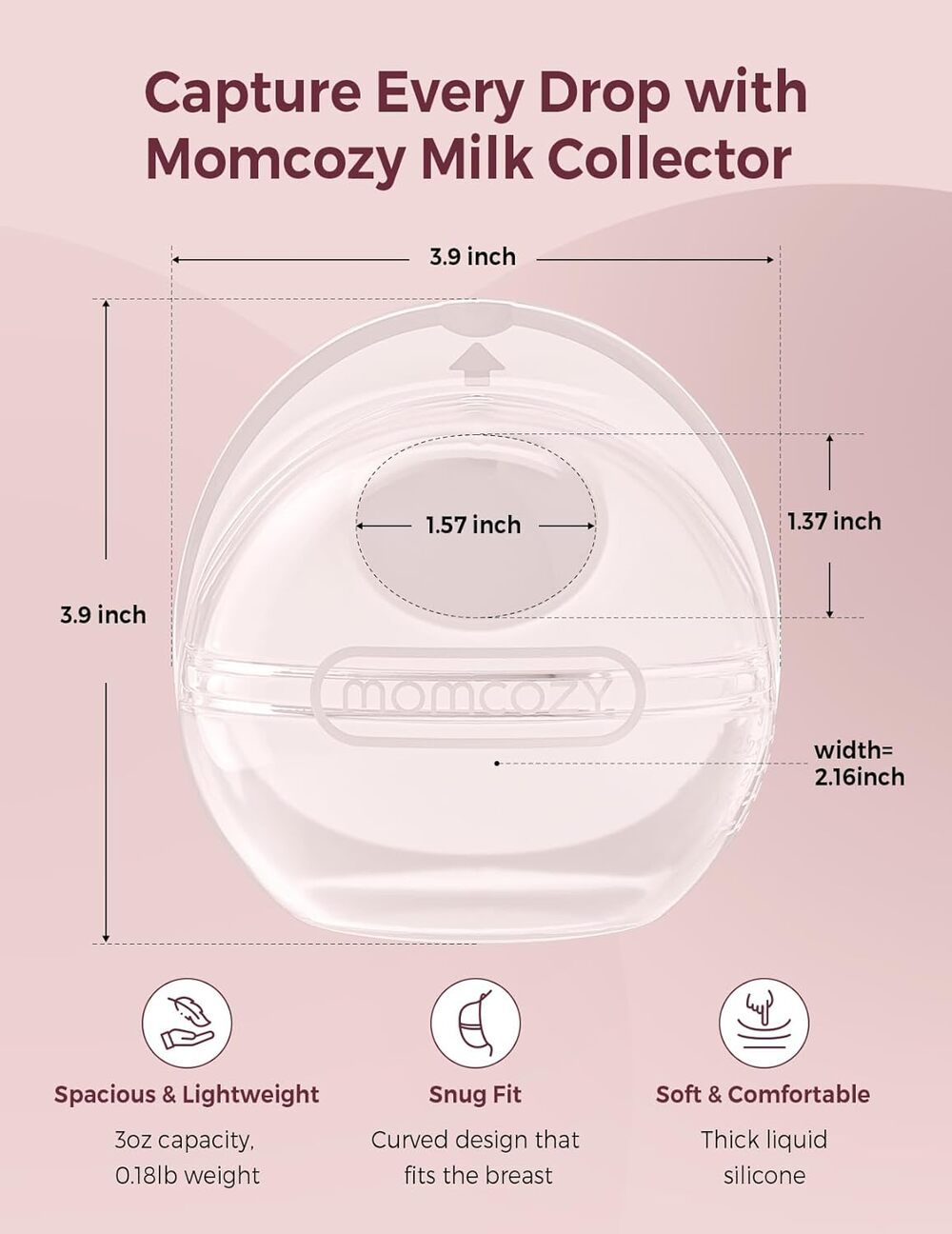 Kolektor mleka Momcozy: 3,9" szer. x 3,9" wys., 1,37" gł., 1,57" otwór.