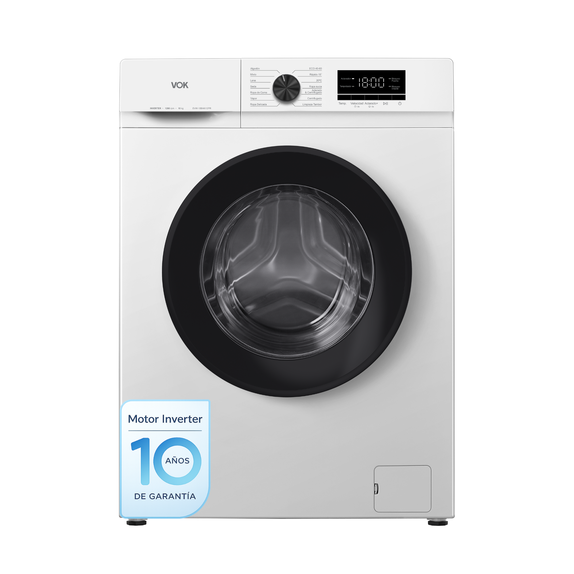 Lavadora blanca con puerta y panel negros. 10 años de garantía.
