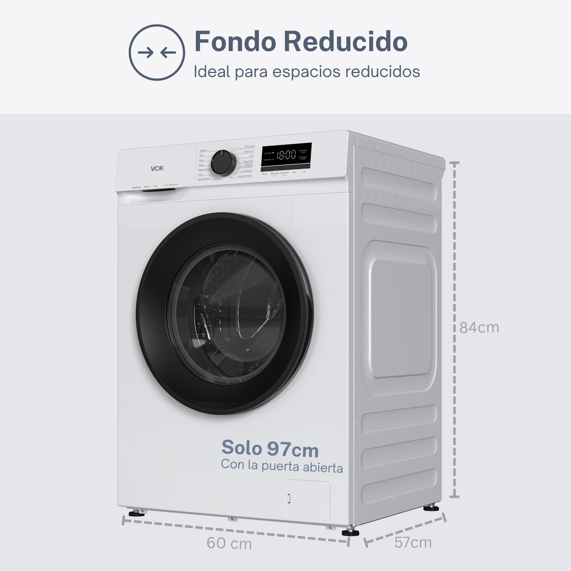 Una lavadora blanca con puerta y panel de control negros. Se muestran las medidas.