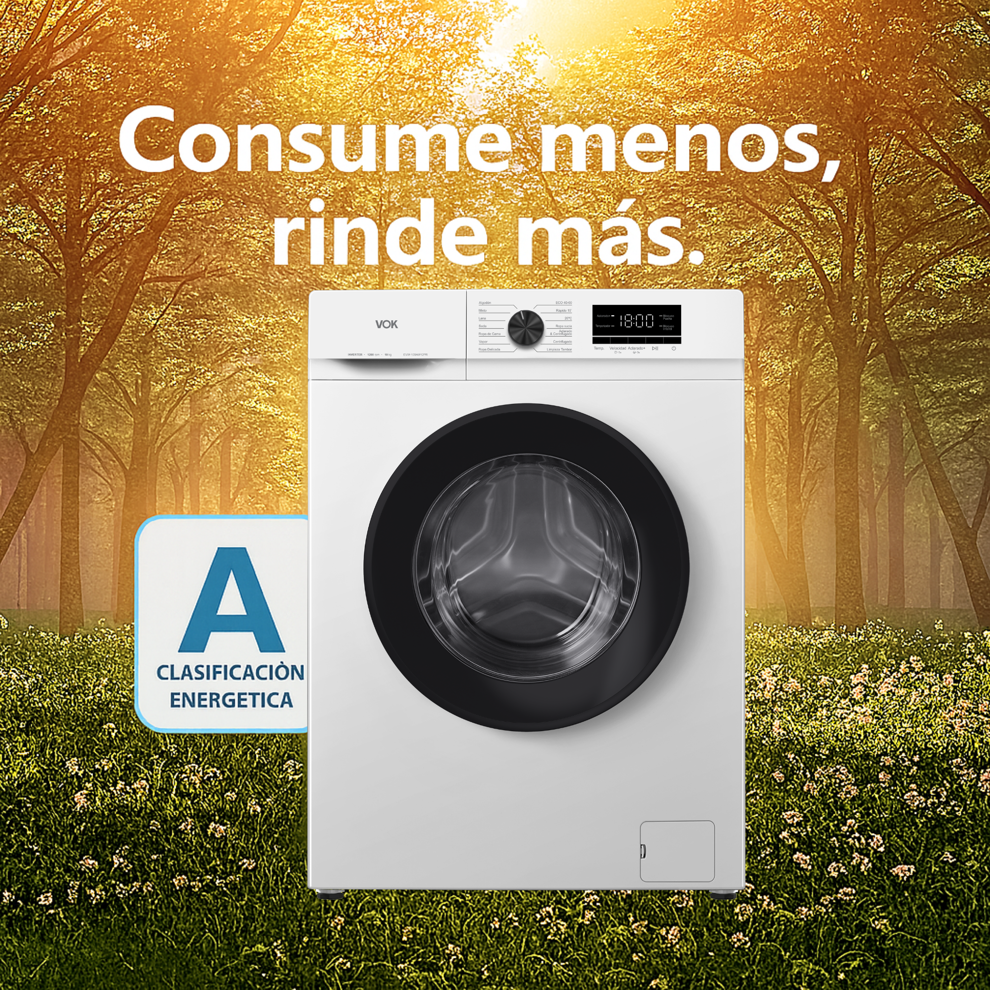 Una lavadora blanca VOX se alza sobre césped con árboles al fondo.