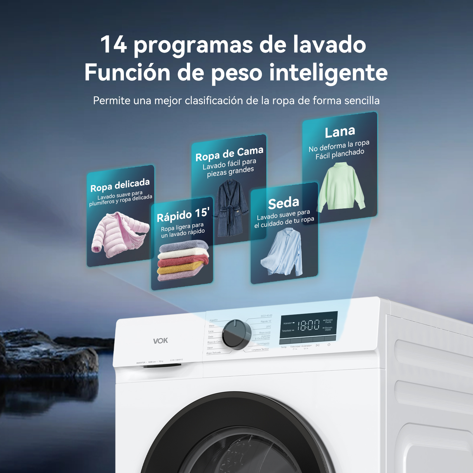 Una lavadora muestra varios programas de lavado y prendas de vestir.