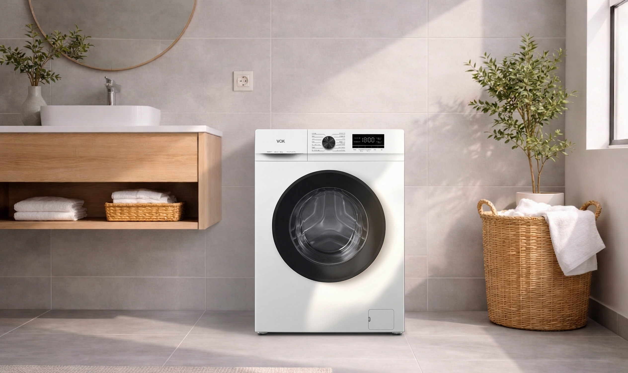 Una lavadora blanca se encuentra en un baño junto a un lavabo y una cesta de ropa.