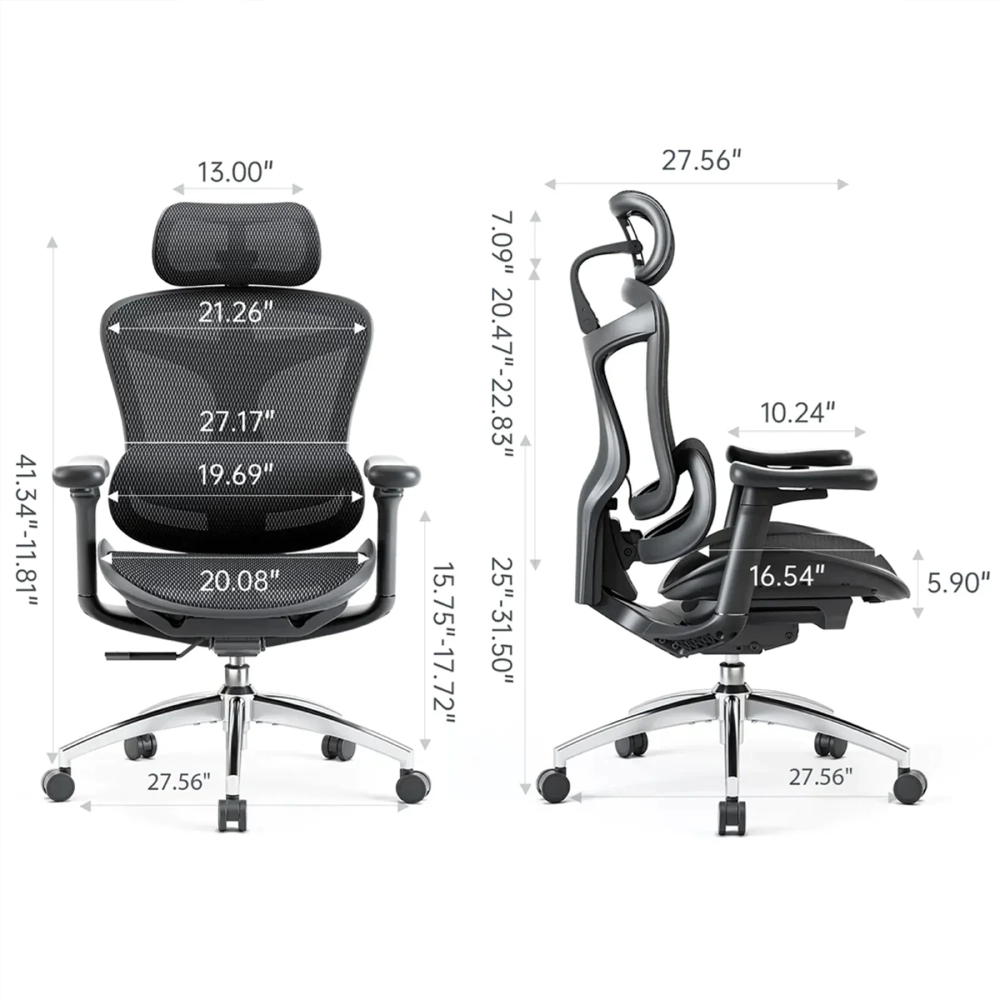 Illustration eines schwarzen Bürostuhls mit Maßen in Zoll.