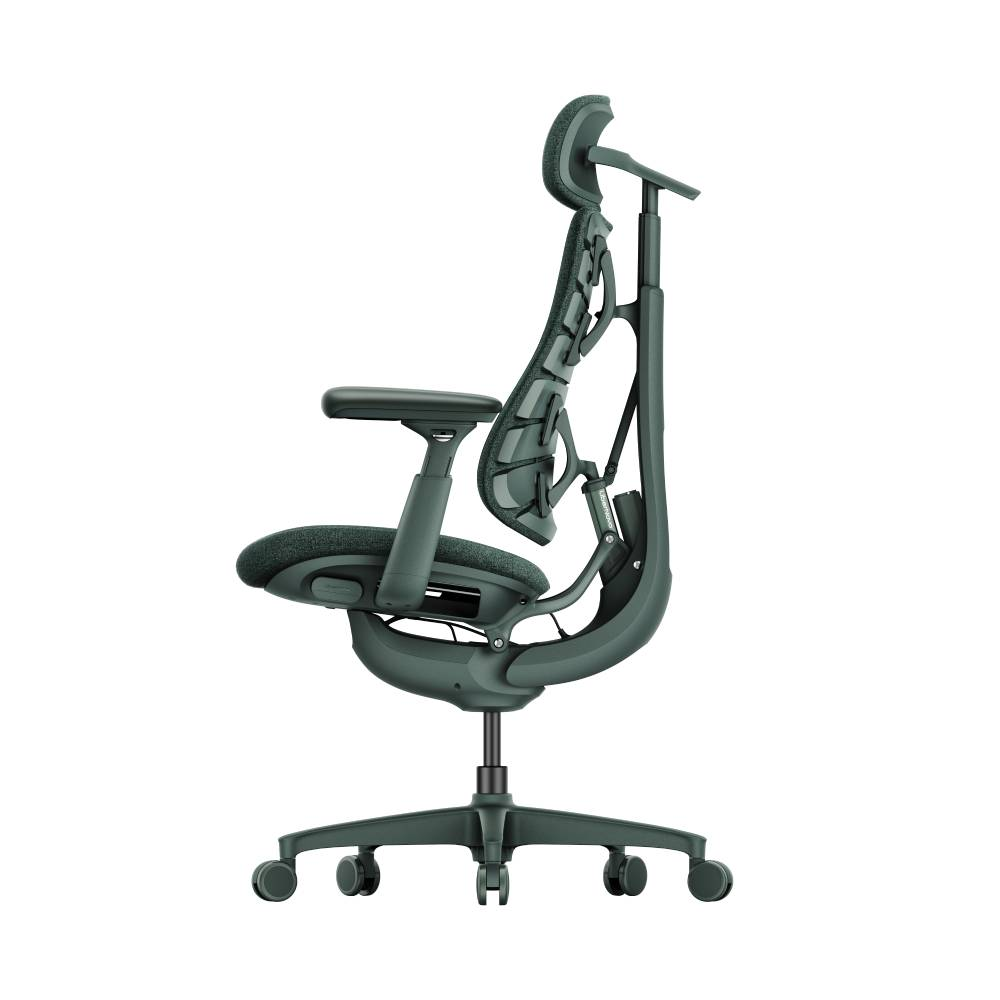 Ein dunkler ergonomischer Bürostuhl mit Netzrücken und verstellbarer Kopfstütze.