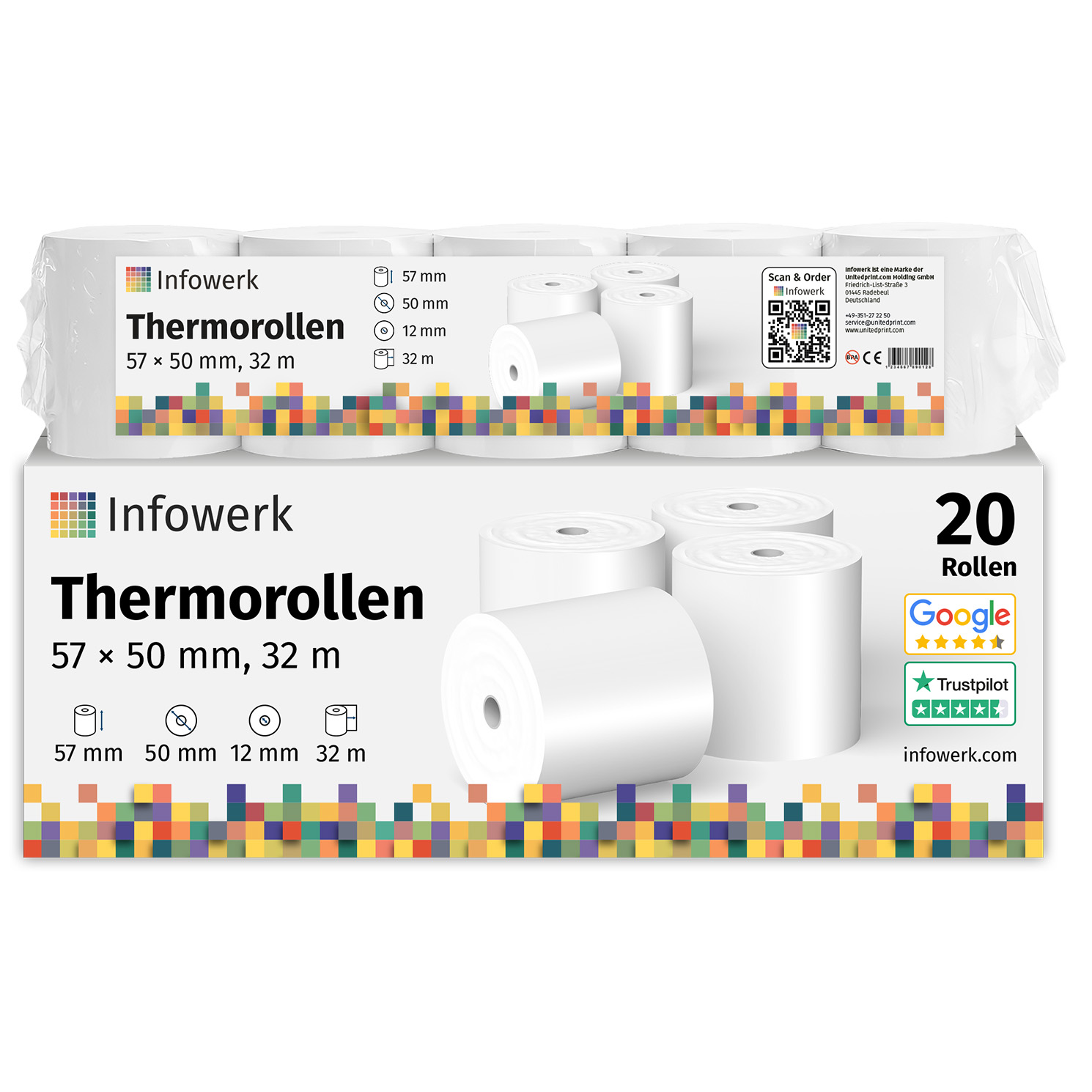 Verpackung von 20 Infowerk Thermorollen, Maße 57x50mm, 32m Länge. Mit Icons für Größe und Länge.